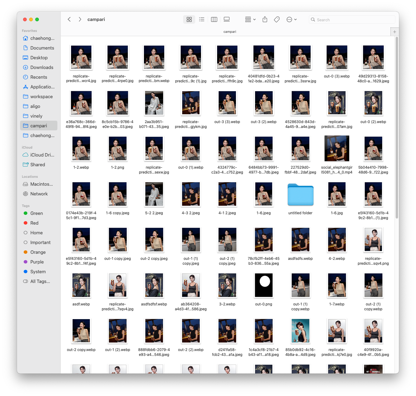 A macOS Finder window overflowing with dozens of AI-generated image files — cryptic filenames like replicate-predicti...wcr4.jpg and out-0 (3).webp — illustrating the version control chaos of creative AI workflows without process memory