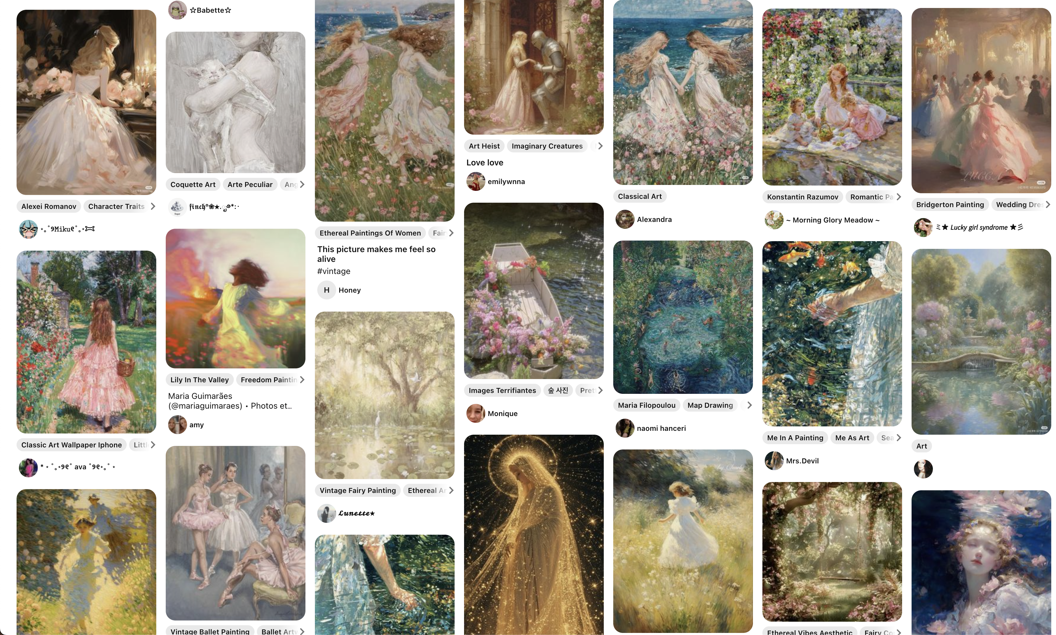 Pinterest search results for 'dreamy art' showing diverse subjects — fish, boats, ballerinas, landscapes — with stylistic variation across results