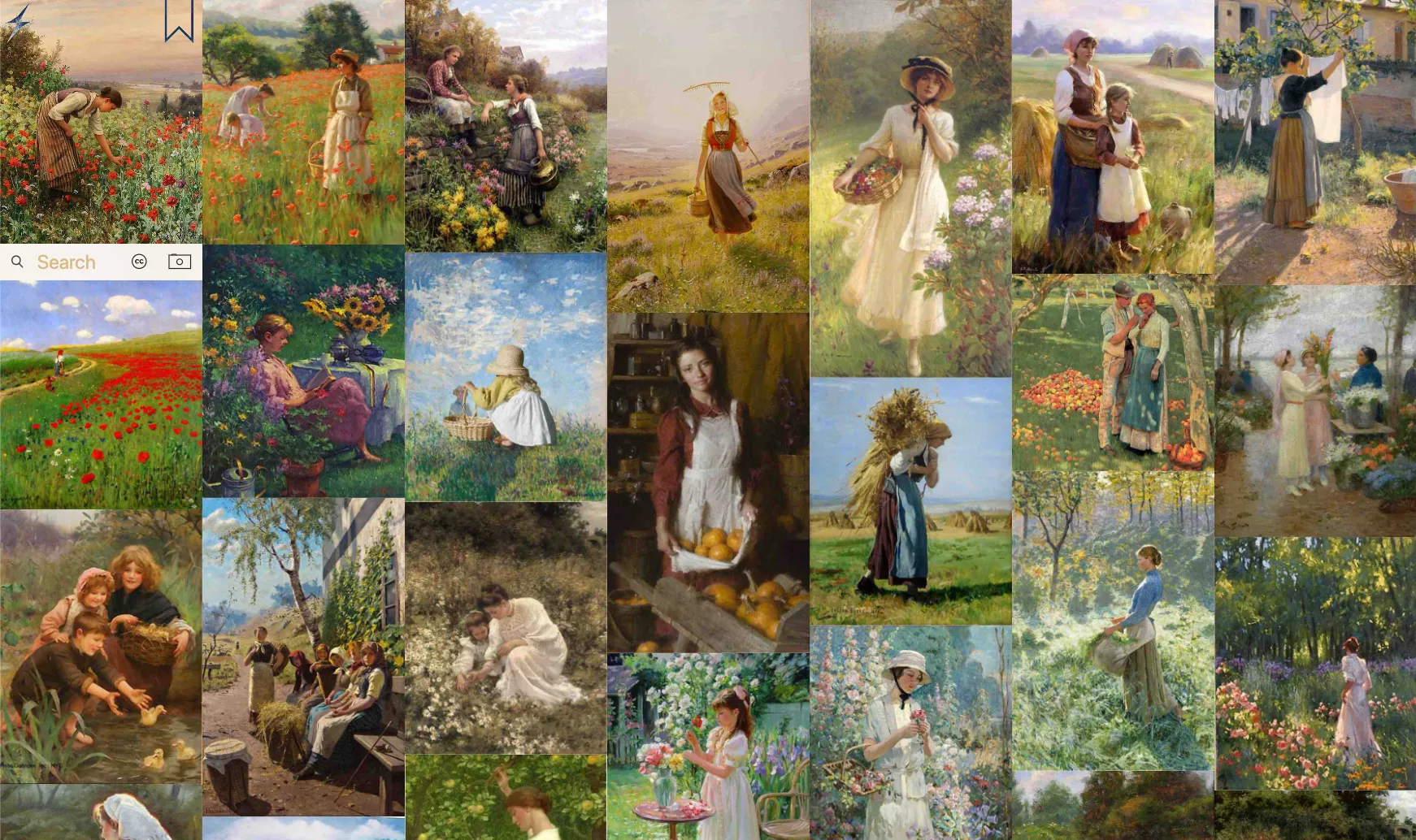 same.energy search results for 'dreamy art' showing semantically similar compositions — solitary figures in soft, ethereal settings with consistent mood