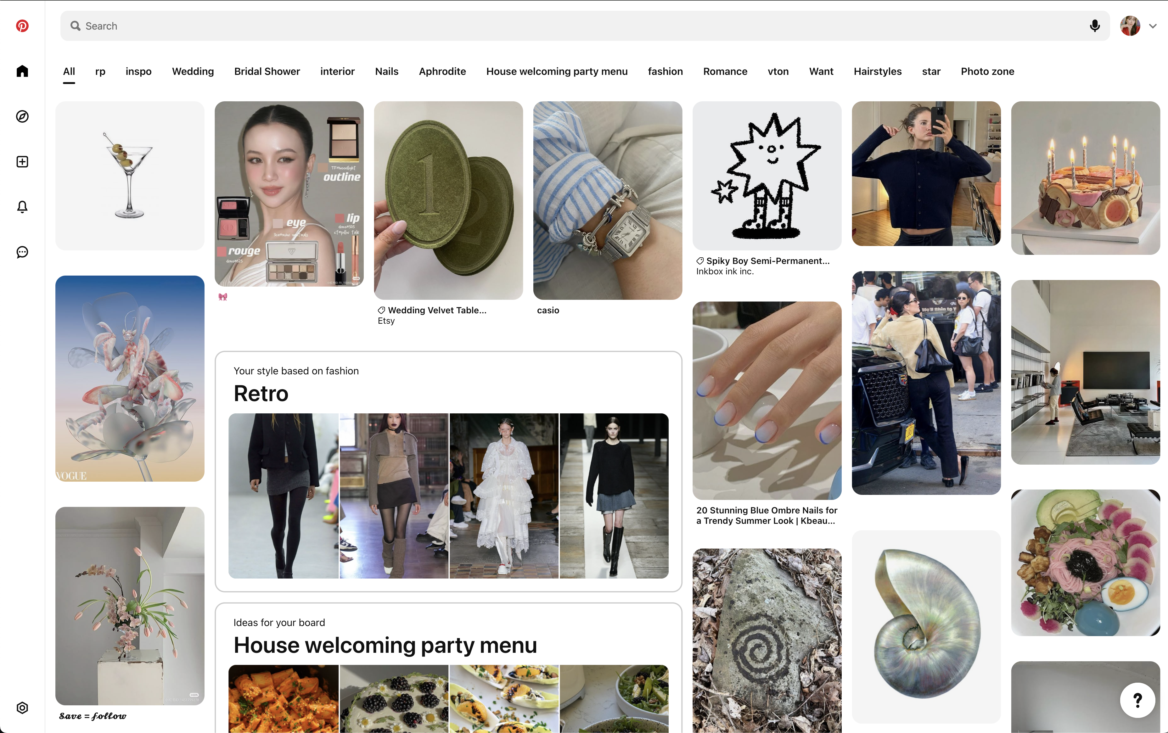 Pinterest home feed showing a diverse grid of visual content — beauty, fashion, food, art, and lifestyle pins — illustrating how visual discovery platforms organize images by aesthetic similarity rather than text descriptions